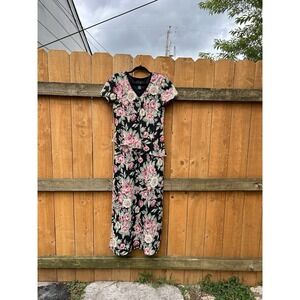 Positive Attitude Maxi Dress Womens 8 Petite Black Pink Roses Garden Flowy Party